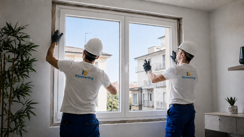 Dos instaladores terminando de instalar una ventana de PVC en una vivienda.