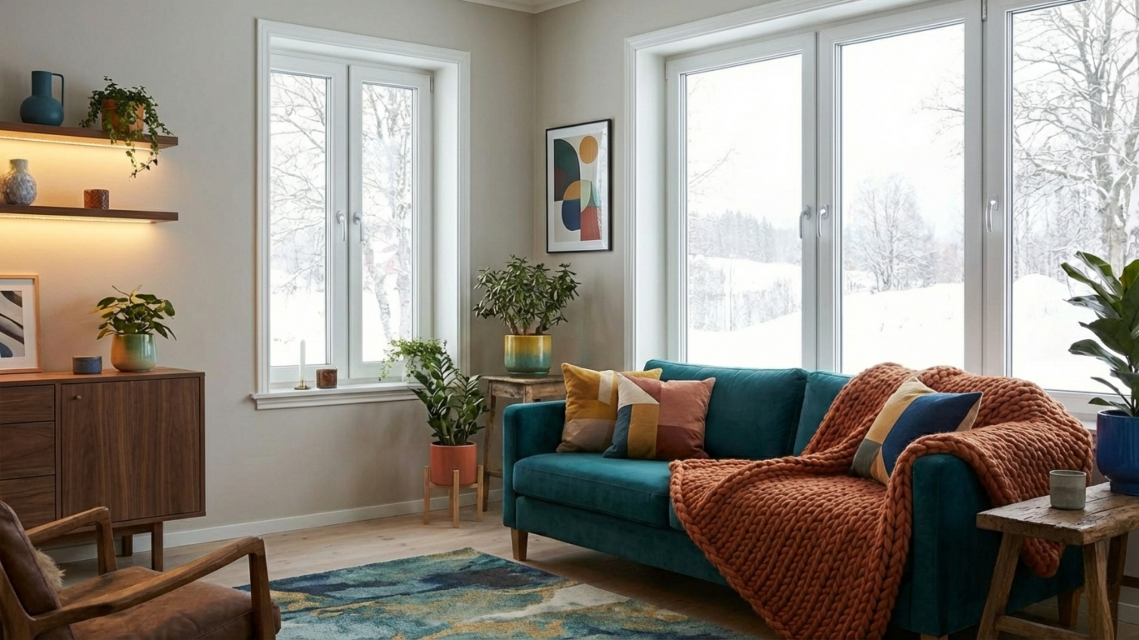 Ventanas y puertas de PVC en un salón moderno, ayudando a mantener la temperatura ideal en invierno