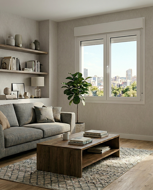 Salón contemporáneo con ventana abatible en color blanco