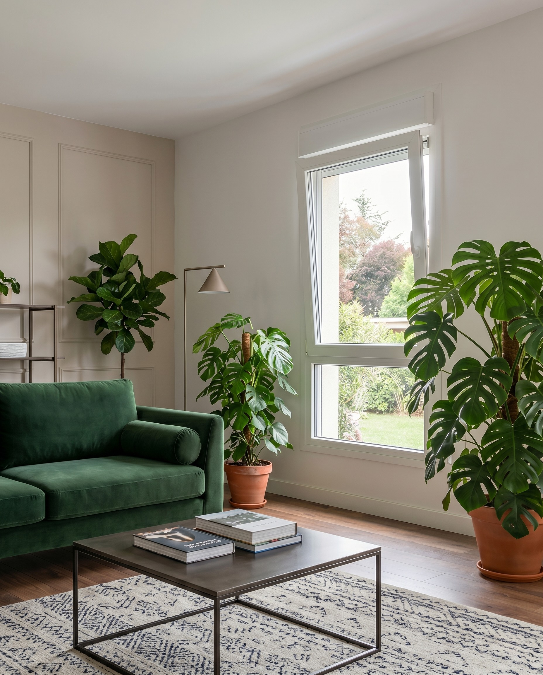 Salón contemporáneo con plantas y una ventana oscilobatiente abierta de PVC en color blanco
