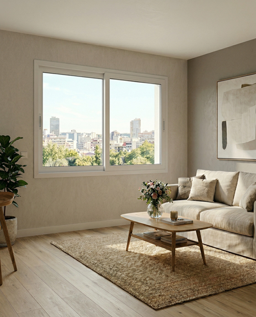 Salón contemporáneo con ventana corredera en color blanco