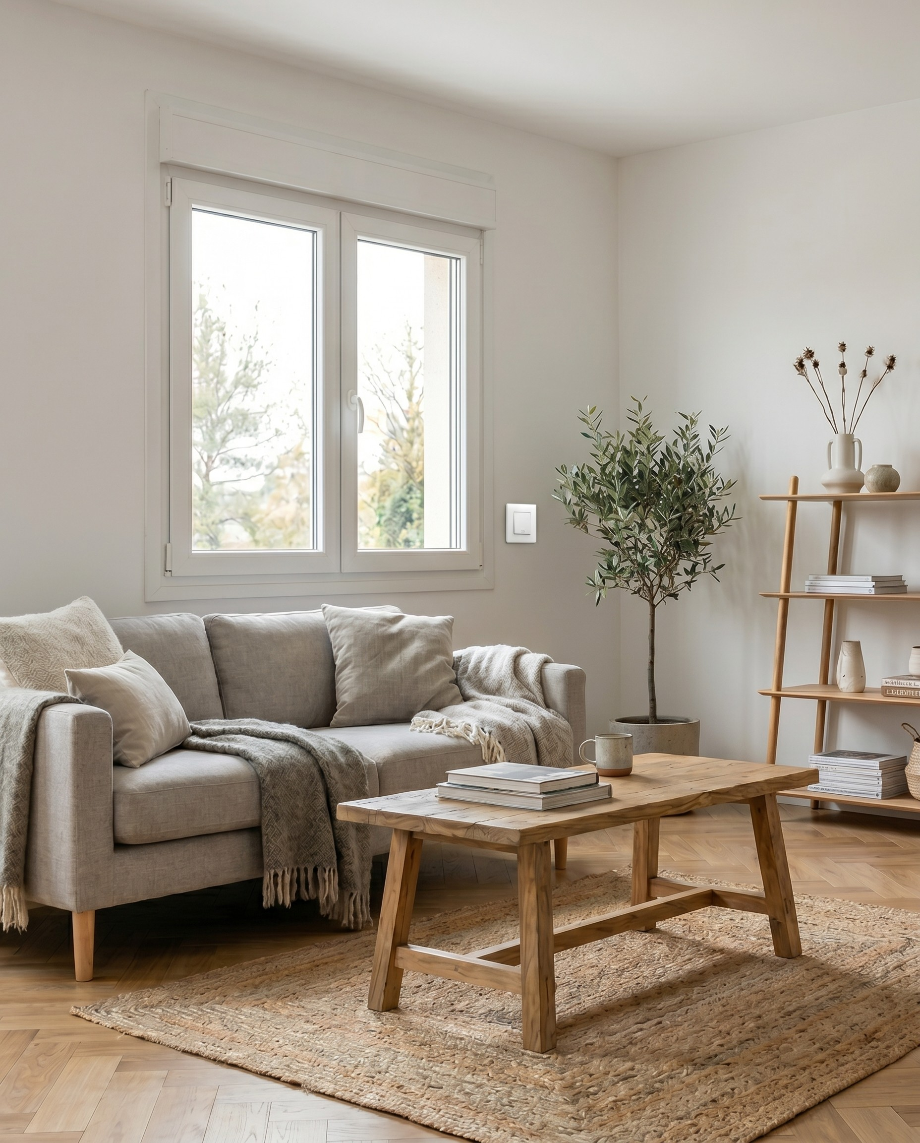 Salón contemporáneo de estilo nórdico con ventana abatible de PVC de dos hojas en colo blanco