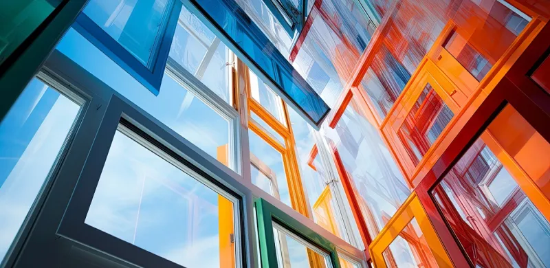 Fachada de rascacielos con perfiles de colores que ilustran opciones para motorizar ventanas en edificios modernos
