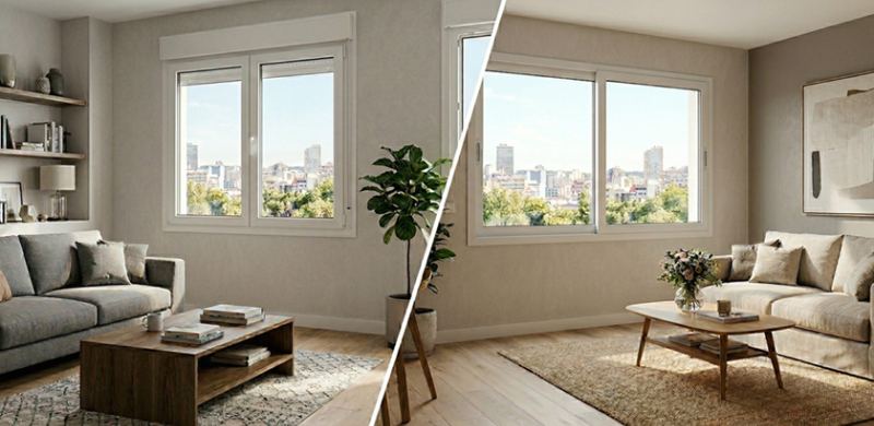 Comparativa entre un salón con ventana abatible a la izquierda y un salón con ventana corredera a la derecha