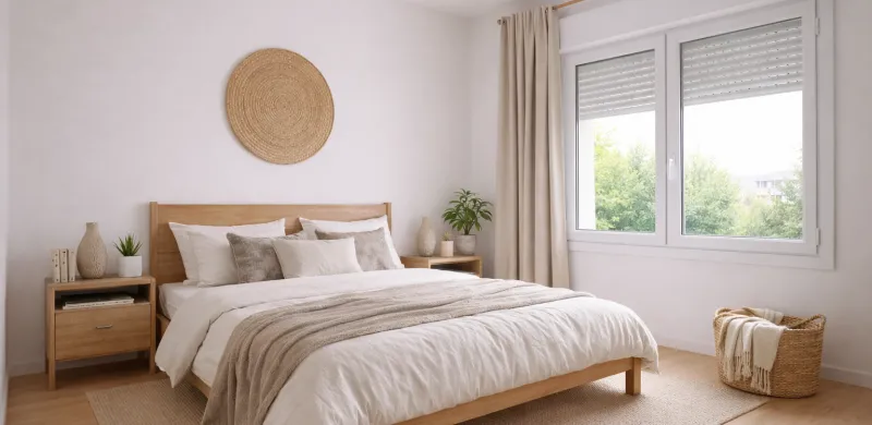Dormitorio luminoso de estilo nórdico con ventanas de PVC
