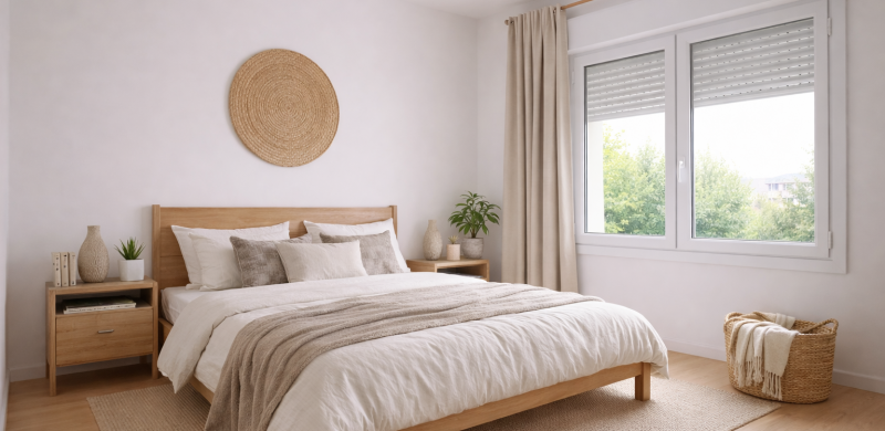 Dormitorio luminoso de estilo nórdico con ventanas de PVC