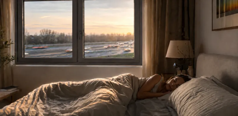 Persona durmiendo placidamente en una habitación con un ventanal al fondo y vistas de una carretera con tráfico