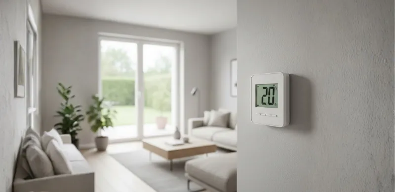 Termostato marcando la temperatura ideal en una casa durante el invierno