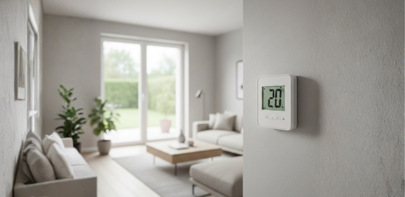 Termostato marcando la temperatura ideal en una casa durante el invierno